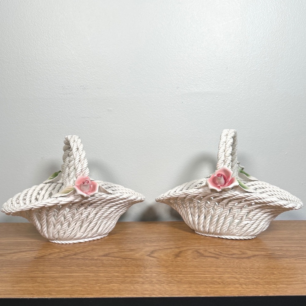 Ceramiche Lanzarin Italy Woven Ceramic Basket Pink Roses Hand Made Set of 2